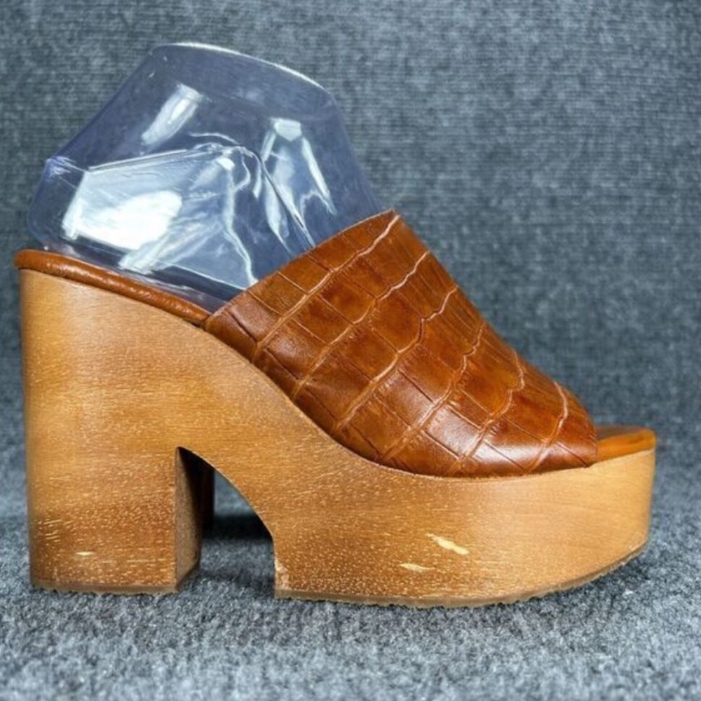 Zara Wooden Platform Clogs Mules Womens 37 US 6.5 Brown Chunky Heel Open Toe